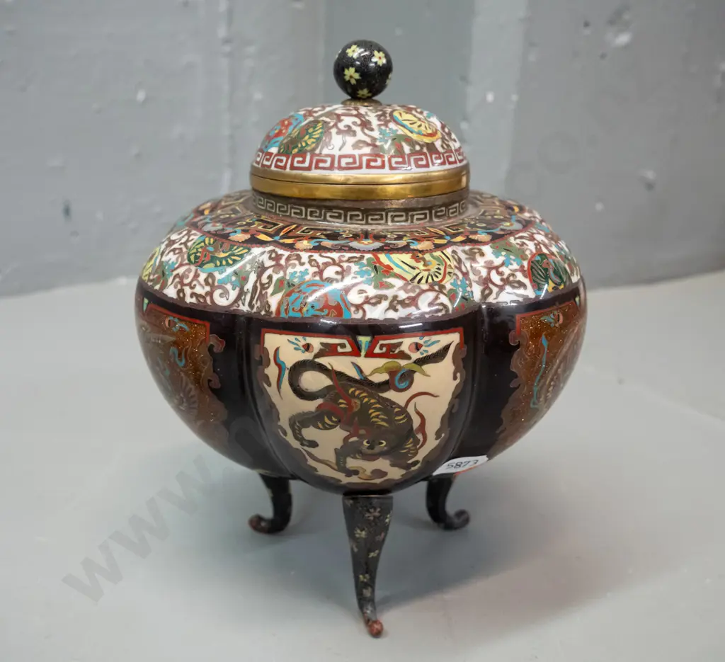 Chinese pumpkin shape cloisonne 3-footed lidded pot with removable liner - some damage to enamel, loose feet have been Image 1++