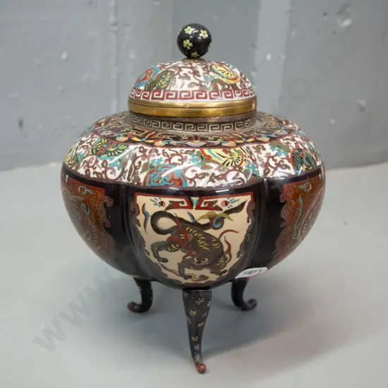 Chinese pumpkin shape cloisonne 3-footed lidded pot with removable liner - some damage to enamel, loose feet have been