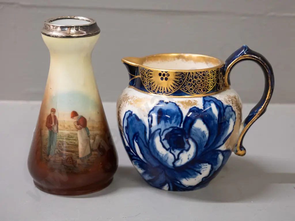 European flower vase with sterling silver collar H-115 and a Royal Doulton gilt & cobalt iris motif small jug Image 1++