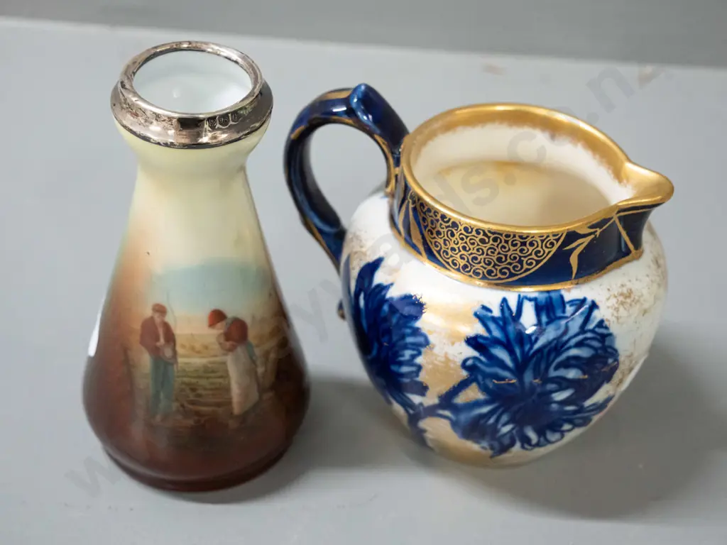 European flower vase with sterling silver collar H-115 and a Royal Doulton gilt & cobalt iris motif small jug Image 1++