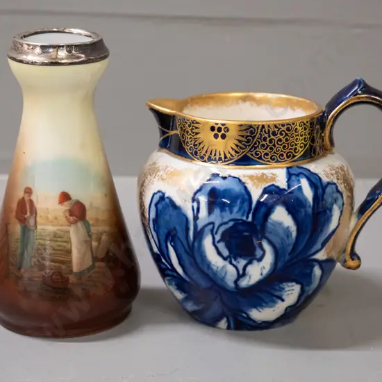 European flower vase with sterling silver collar H-115 and a Royal Doulton gilt & cobalt iris motif small jug