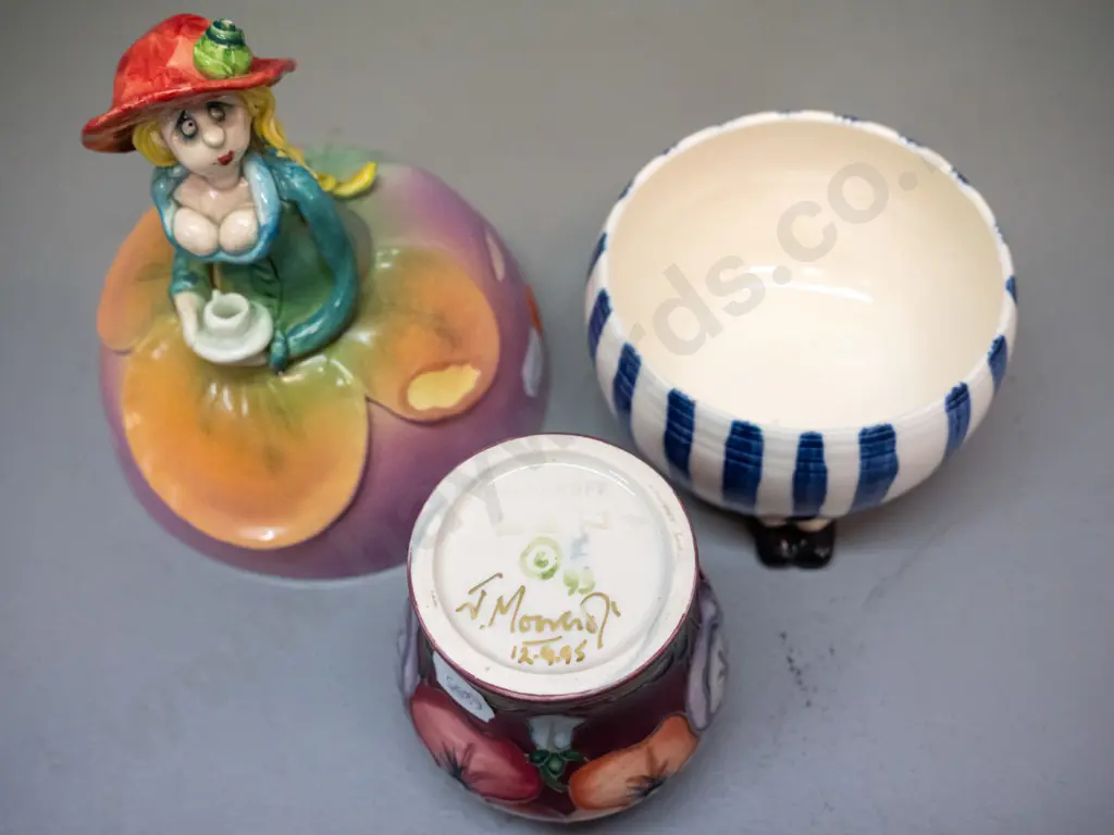Marion Mewburn studio pottery figural sugar bowl H-160 Diameter 110 and a small Moorcroft vase Image 1++