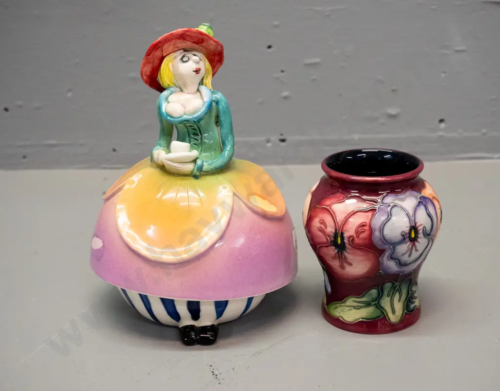 Marion Mewburn studio pottery figural sugar bowl H-160 Diameter 110 and a small Moorcroft vase Image 1++