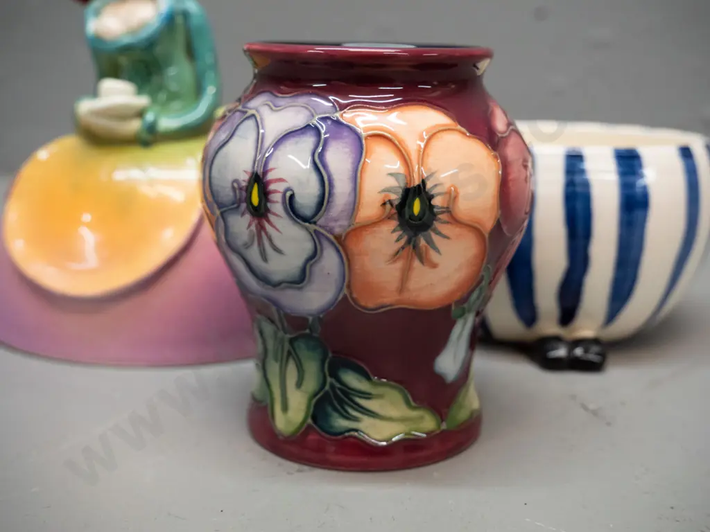 Marion Mewburn studio pottery figural sugar bowl H-160 Diameter 110 and a small Moorcroft vase Image 1++