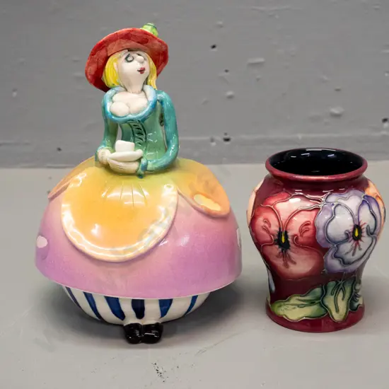 Marion Mewburn studio pottery figural sugar bowl H-160 Diameter 110 and a small Moorcroft vase