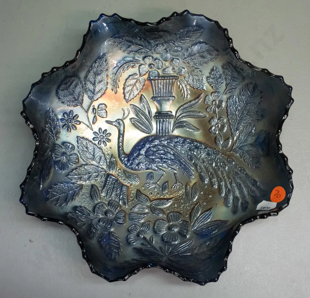peacock pattern dark blue carnival glass frilled edge dish D-220 Image 1++