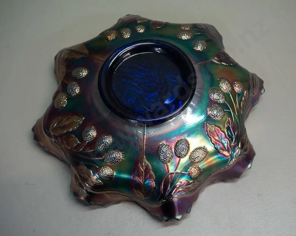 peacock pattern dark blue carnival glass frilled edge dish D-220 Image 1++