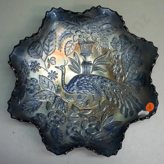 peacock pattern dark blue carnival glass frilled edge dish D-220