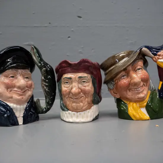 3 small/medium size Royal Doulton character jugs - Punch & Judy Man H-110, Lobster Man, Simon the Cellarer