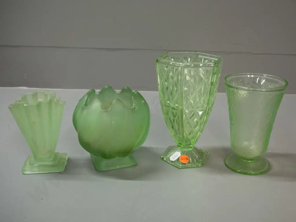 4 vintage moulded green glass vases, 3 are uranium - deco shaped small vase has chip, frosted globe shape has scratches Image 1++