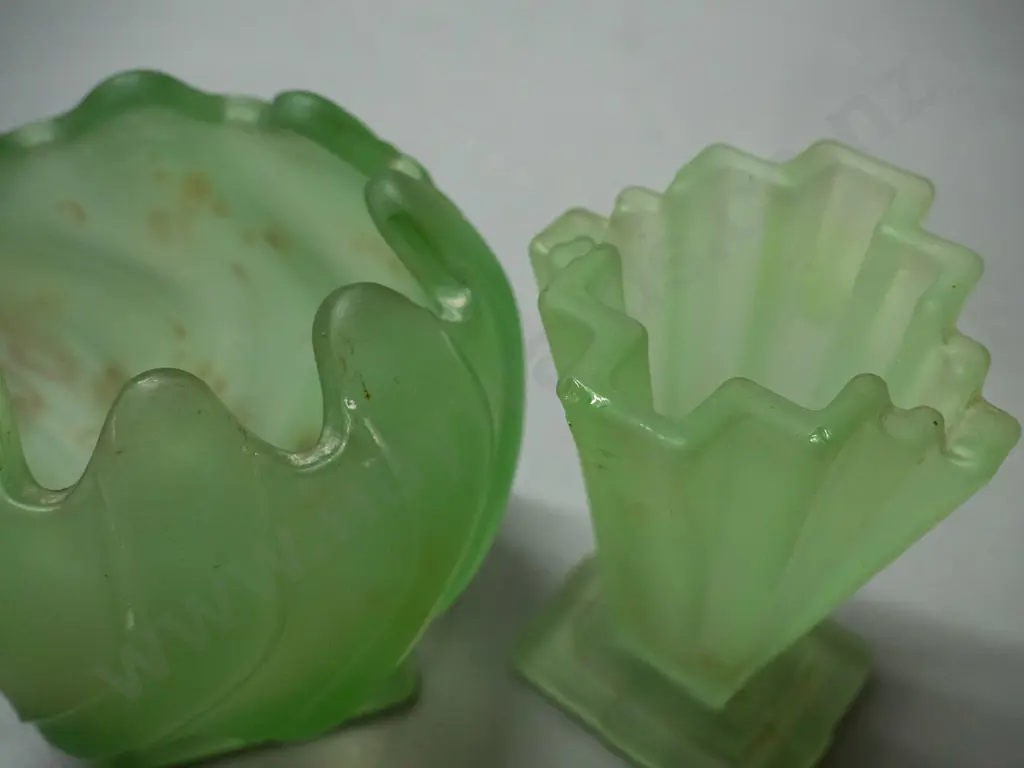 4 vintage moulded green glass vases, 3 are uranium - deco shaped small vase has chip, frosted globe shape has scratches Image 1++