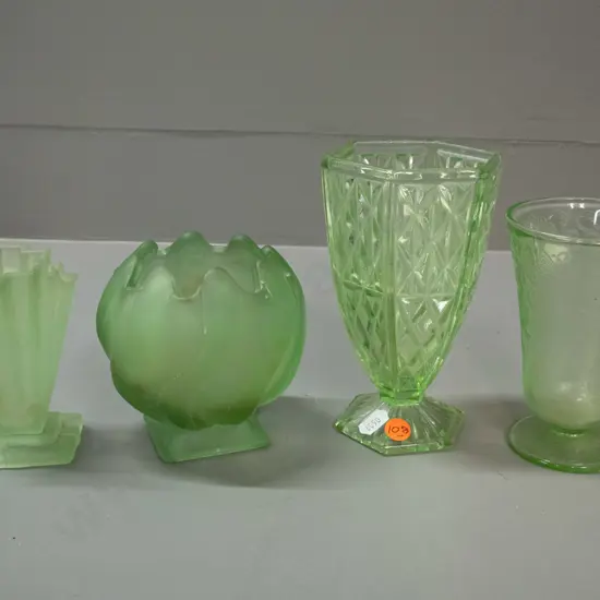 4 vintage moulded green glass vases, 3 are uranium - deco shaped small vase has chip, frosted globe shape has scratches