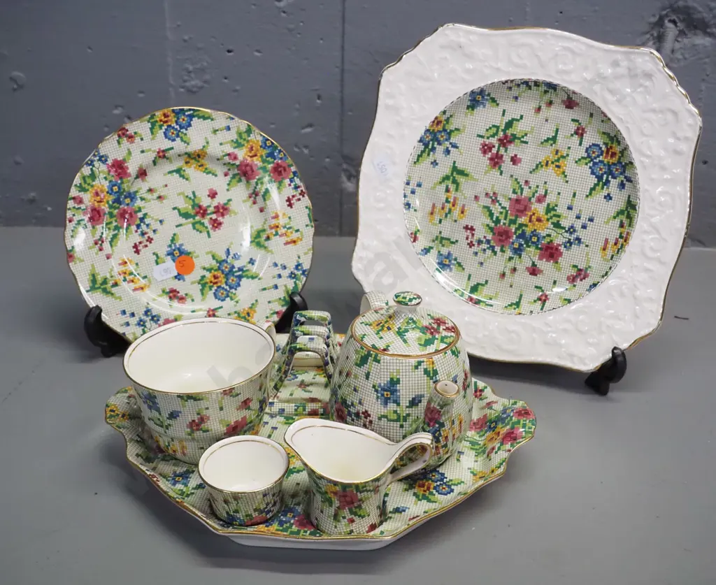 Royal Winton "Queen Anne" tapestry pattern breakfast set with fitted tray and plate, plus extra cake plate. Tray 270x220 Image 1++