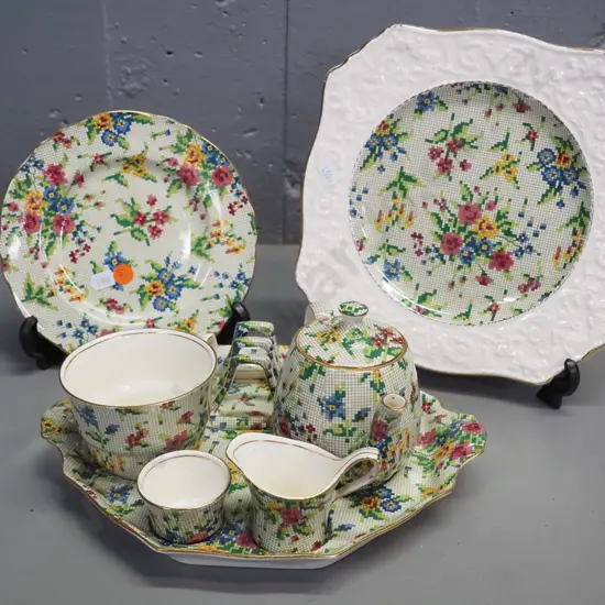 Royal Winton "Queen Anne" tapestry pattern breakfast set with fitted tray and plate, plus extra cake plate. Tray 270x220