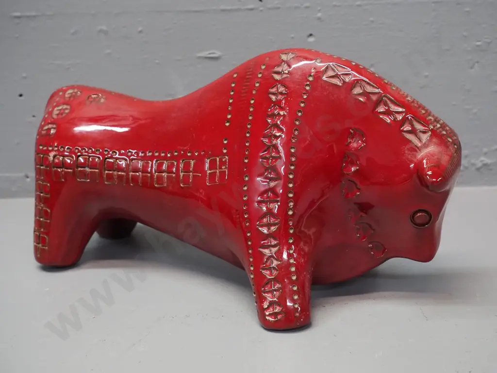 retro Italian Bitossi red ceramic bull figure - some glaze fretting / scratches. H-160 L-310 Image 1++
