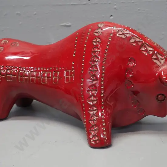 retro Italian Bitossi red ceramic bull figure - some glaze fretting / scratches. H-160 L-310