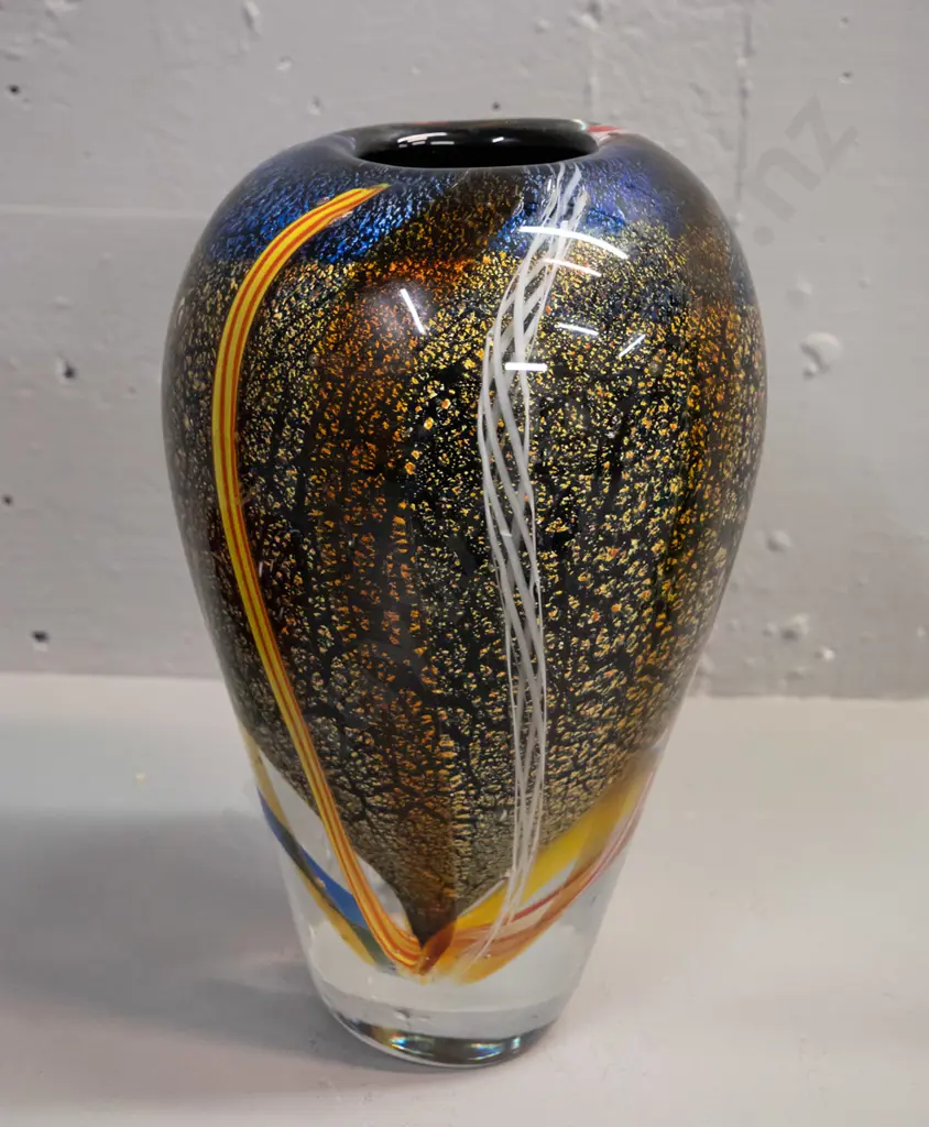 heavy art glass vase with silver and gold inclusions and multi colour interior cane stripes H-250 D-160 Image 1++