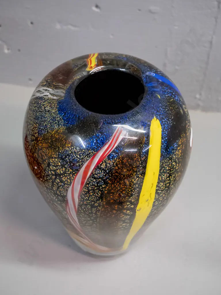 heavy art glass vase with silver and gold inclusions and multi colour interior cane stripes H-250 D-160 Image 1++