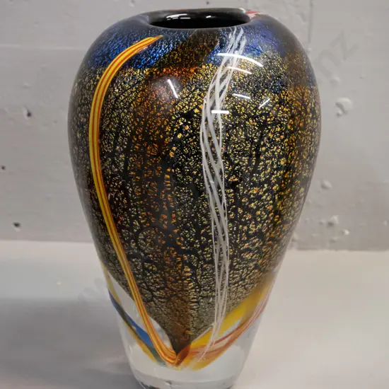 heavy art glass vase with silver and gold inclusions and multi colour interior cane stripes H-250 D-160