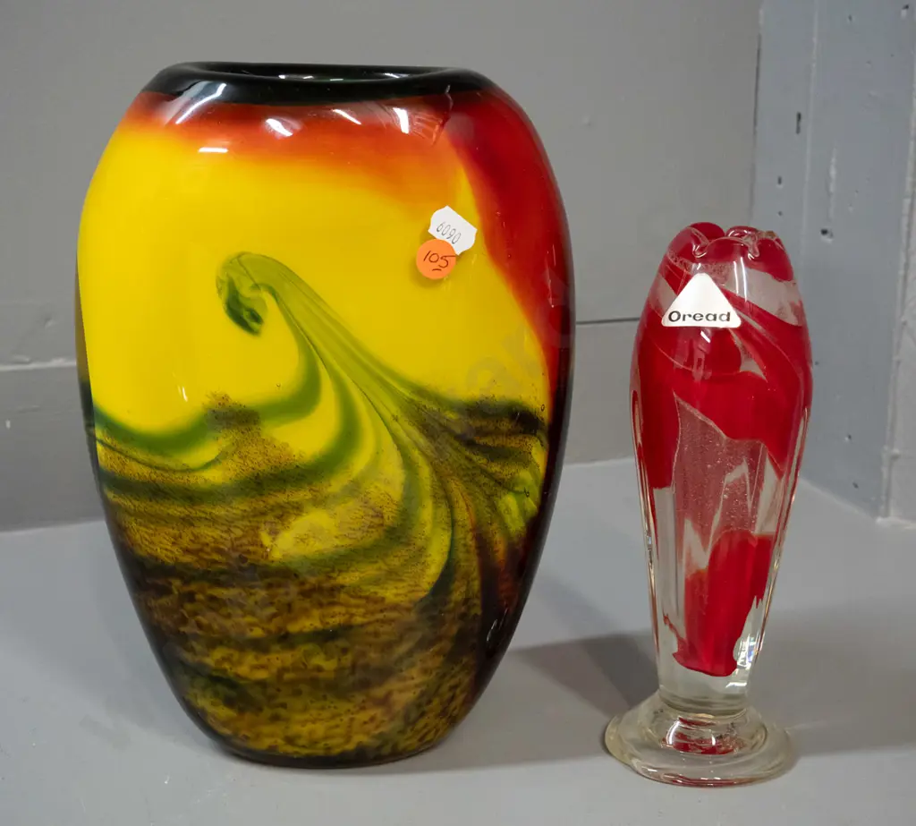 2 art glass vases - large heavy ovoid multi colour swirl H-265 W190 and a smaller Japanese red vase with "Oread" label Image 1++