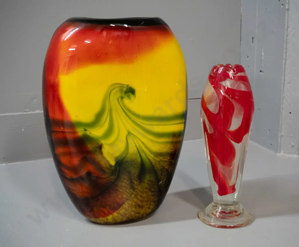 2 art glass vases - large heavy ovoid multi colour swirl H-265 W190 and a smaller Japanese red vase with "Oread" label Image 1++