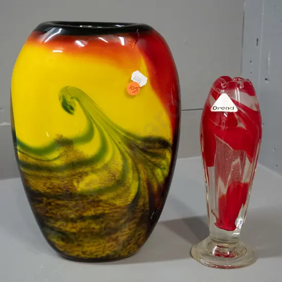2 art glass vases - large heavy ovoid multi colour swirl H-265 W190 and a smaller Japanese red vase with "Oread" label