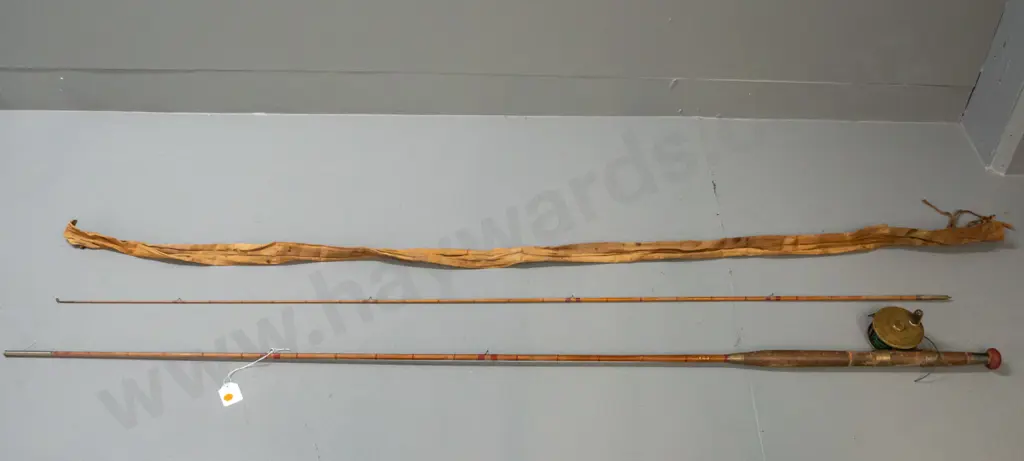 vintage 2-piece timber fly rod with brass reel and canvas sleeve, "Milward" transfer & etched in collar Made in England Image 1++