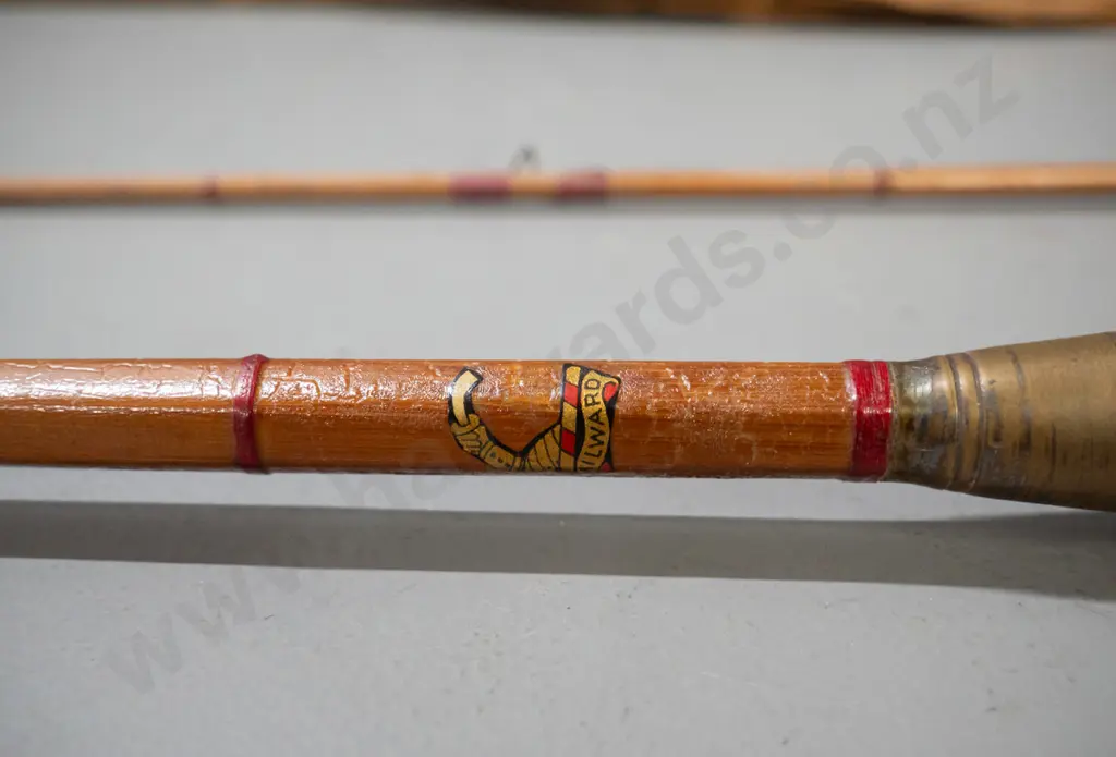 vintage 2-piece timber fly rod with brass reel and canvas sleeve, "Milward" transfer & etched in collar Made in England Image 1++