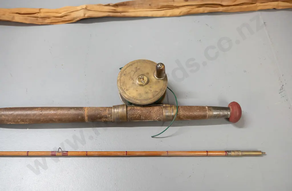 vintage 2-piece timber fly rod with brass reel and canvas sleeve, "Milward" transfer & etched in collar Made in England Image 1++