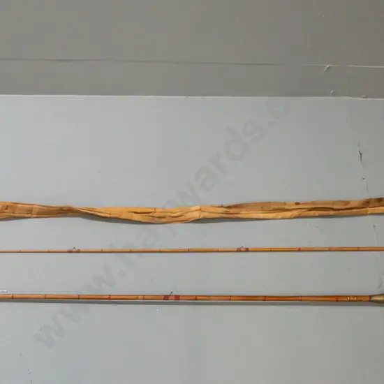 vintage 2-piece timber fly rod with brass reel and canvas sleeve, "Milward" transfer & etched in collar Made in England