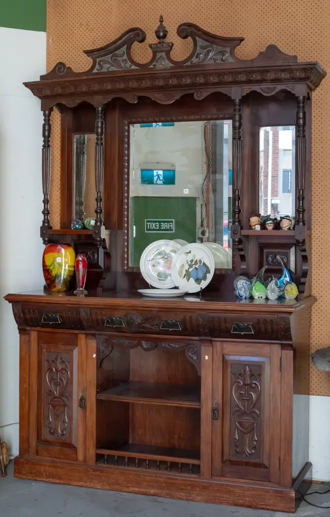 vintage rimu nouveau style buffet sideboard with 2 doors, 3 drawers w/foliate carved swan neck pediment, turned supports Image 1++