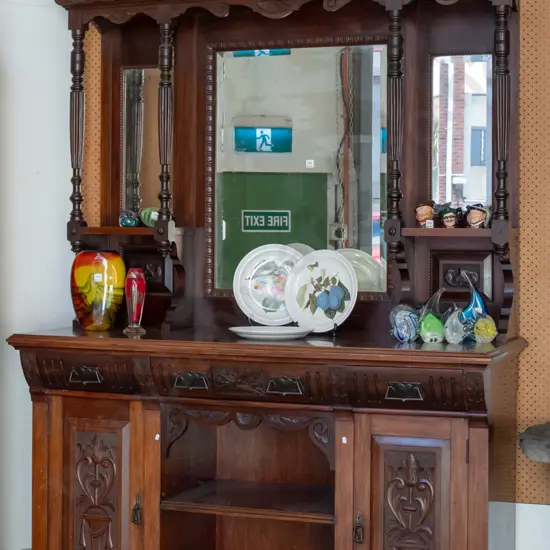 vintage rimu nouveau style buffet sideboard with 2 doors, 3 drawers w/foliate carved swan neck pediment, turned supports