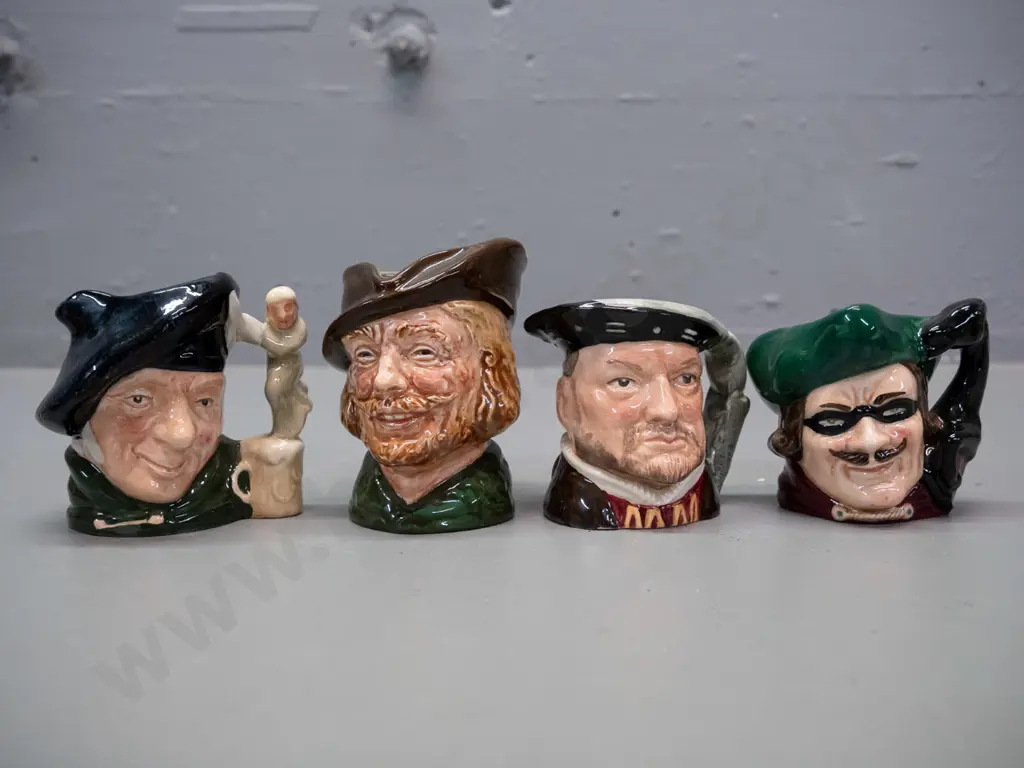 4 small to medium Royal Doulton character jugs - Robin Hood H-80, Tam O' Shanter, Dick Turpin, Henry VIII Image 1++