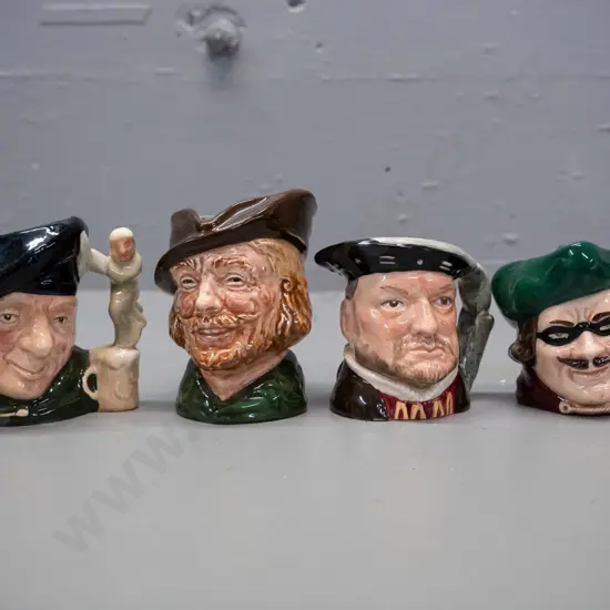 4 small to medium Royal Doulton character jugs - Robin Hood H-80, Tam O' Shanter, Dick Turpin, Henry VIII