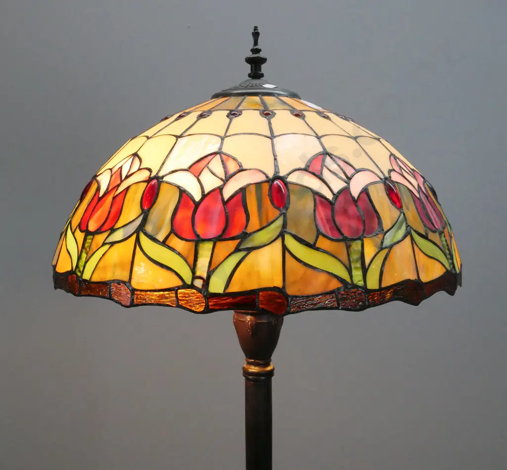 reproduction Tiffany style standard lamp with floral motif leadlight shade, fluted column, double bulb fitting H-1580 Image 1++