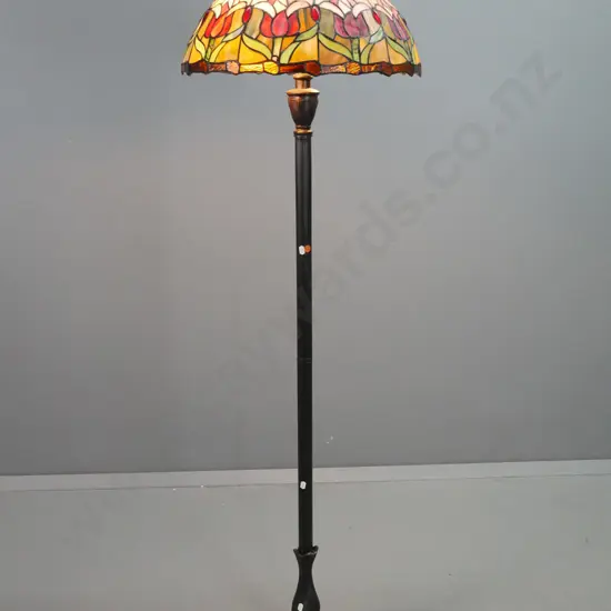 reproduction Tiffany style standard lamp with floral motif leadlight shade, fluted column, double bulb fitting H-1580