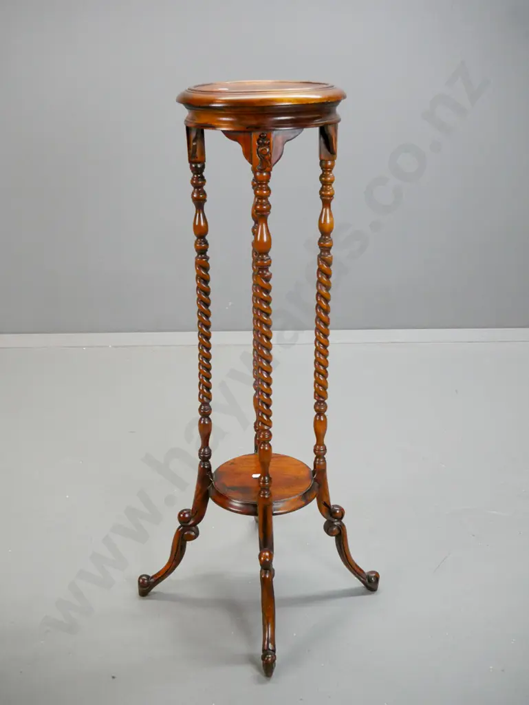 reproduction mahogany Victorian style plant stand on 4 twisted turned uprights, with bottom shelf, some fading to polish Image 1++