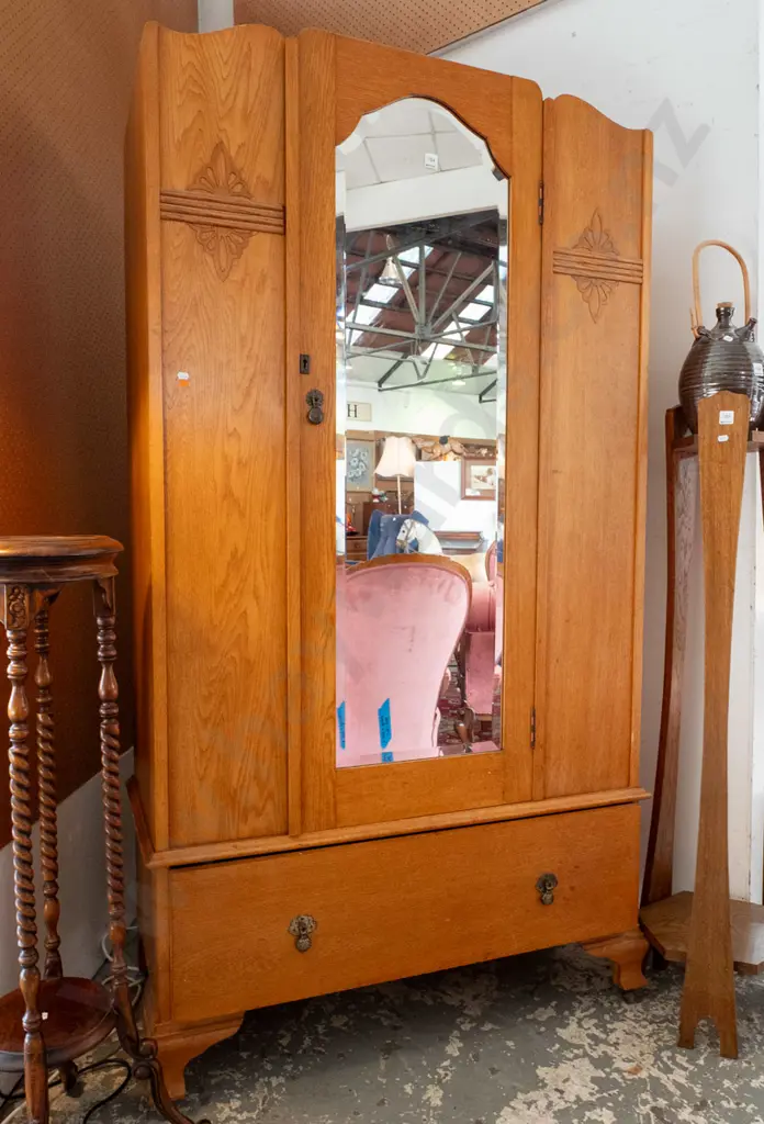 vintage oak deco style single door wardrobe with shaped bevelled edge mirror, metal drop handle, working lock and key, Image 1++