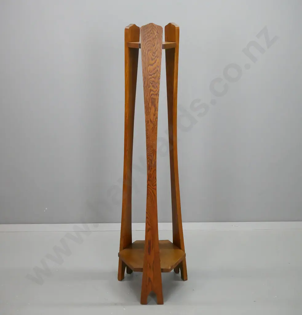 art deco oak 2-tier plant stand with 3 shaped uprights H-1280. Bottom shelf 340 x 340 Image 1++