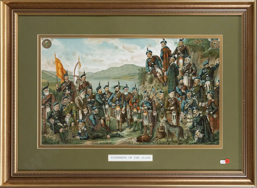 framed vintage print "Meeting of the Clans" H-330 W-550 Image 1++