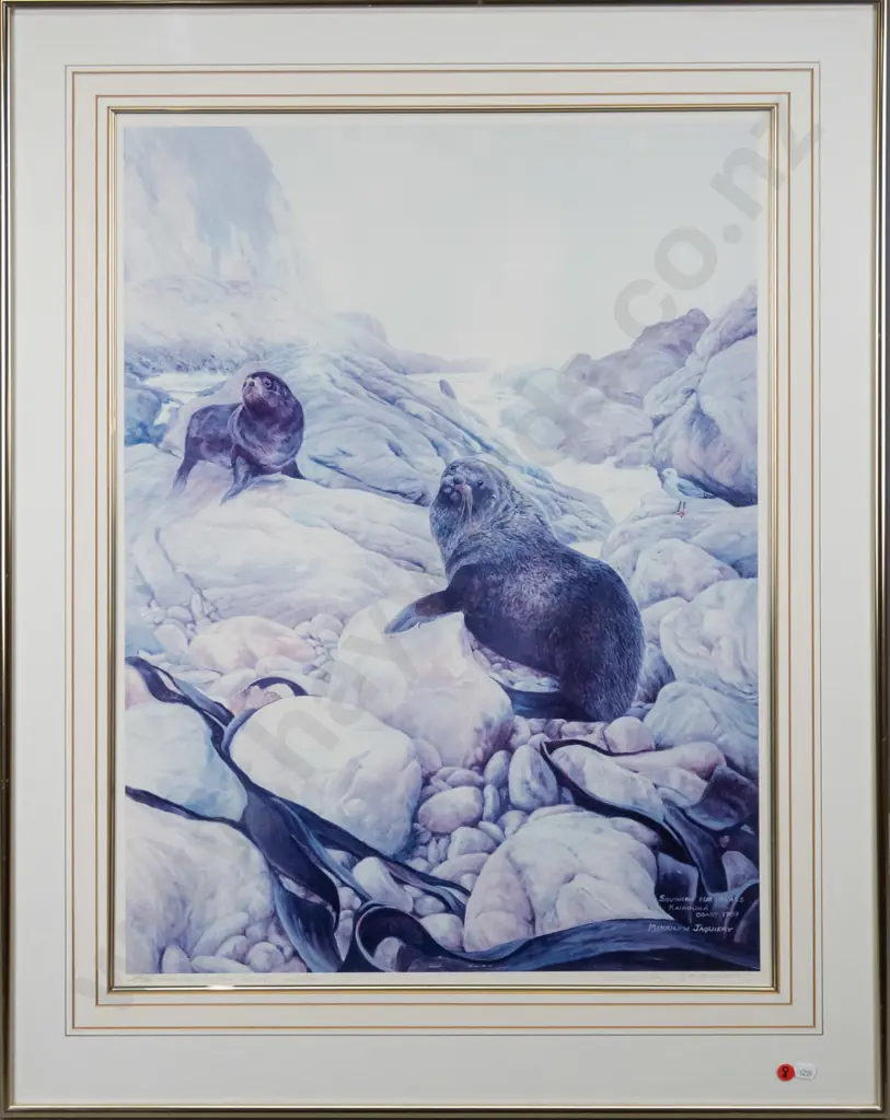 framed Merrilyn Jaquiery ltd edition print 45/350 "New Zealand Fur Seals" H-680 W-500 Image 1++