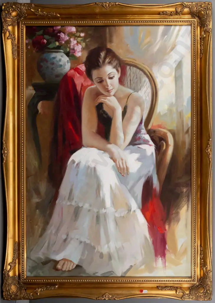 ornate gilt framed oil on canvas - seated woman H-880 W-590 Image 1++
