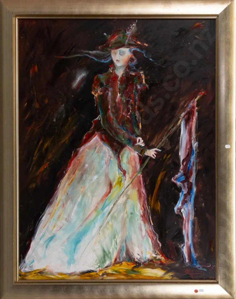 K Ewing? - framed oil on canvas -woman with flag H-870 W-760 Image 1++