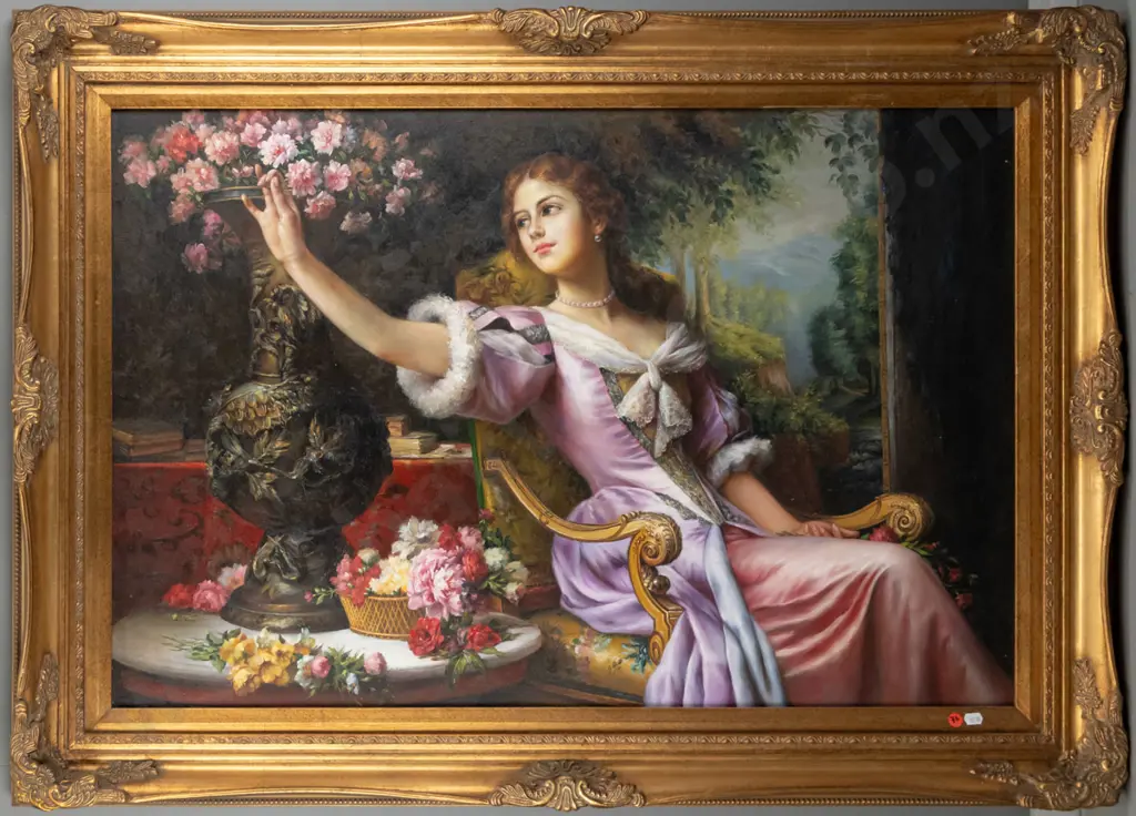 ornate gilt framed oil on canvas - seated woman H-59 W-880 Image 1++