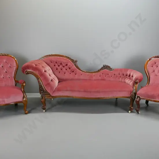 Victorian walnut 3-pc suite - double ended deep button sofa and 2 chairs with carved cabriolet legs and back crests -