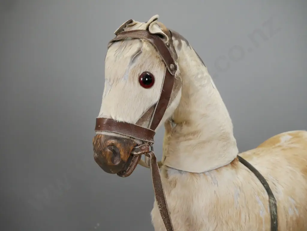 vintage rocking horse with hide covered timber horse w/brass eyes, timber hooves and nose, wear to mane, ears, tail, Image 1++