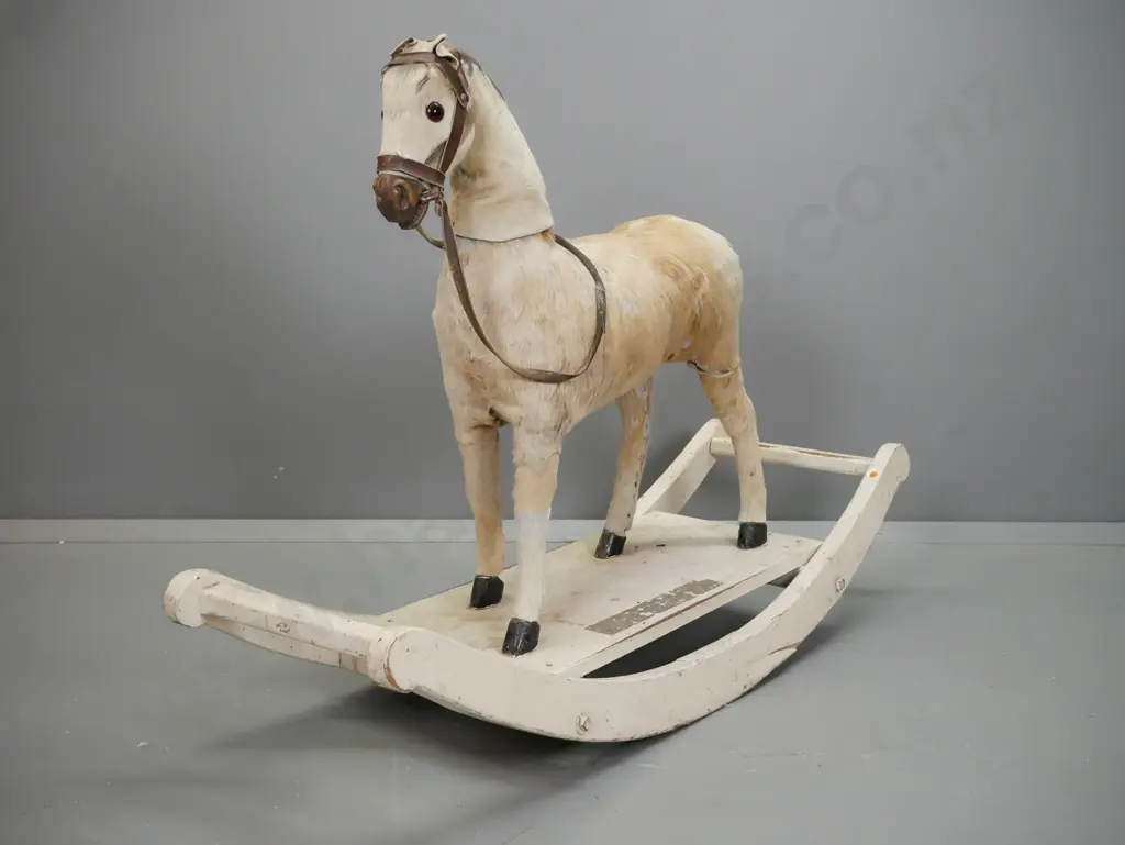 vintage rocking horse with hide covered timber horse w/brass eyes, timber hooves and nose, wear to mane, ears, tail, Image 1++