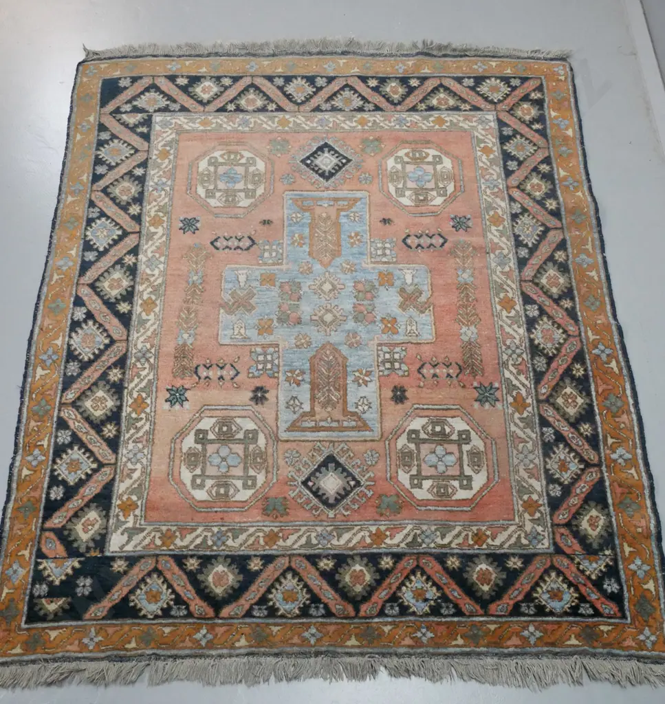 Persian style hand-knotted woollen floor rug - dusty red, blue and brown with black in border - fading and wear. L-1900 Image 1++
