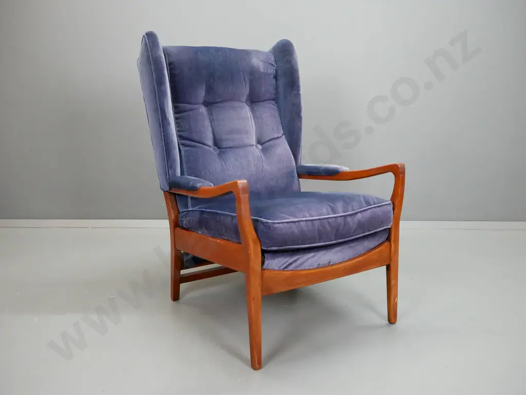 retro mahogany blue velvet upholstered wingback lounge chair - has screws added through side of front legs to front rail Image 1++