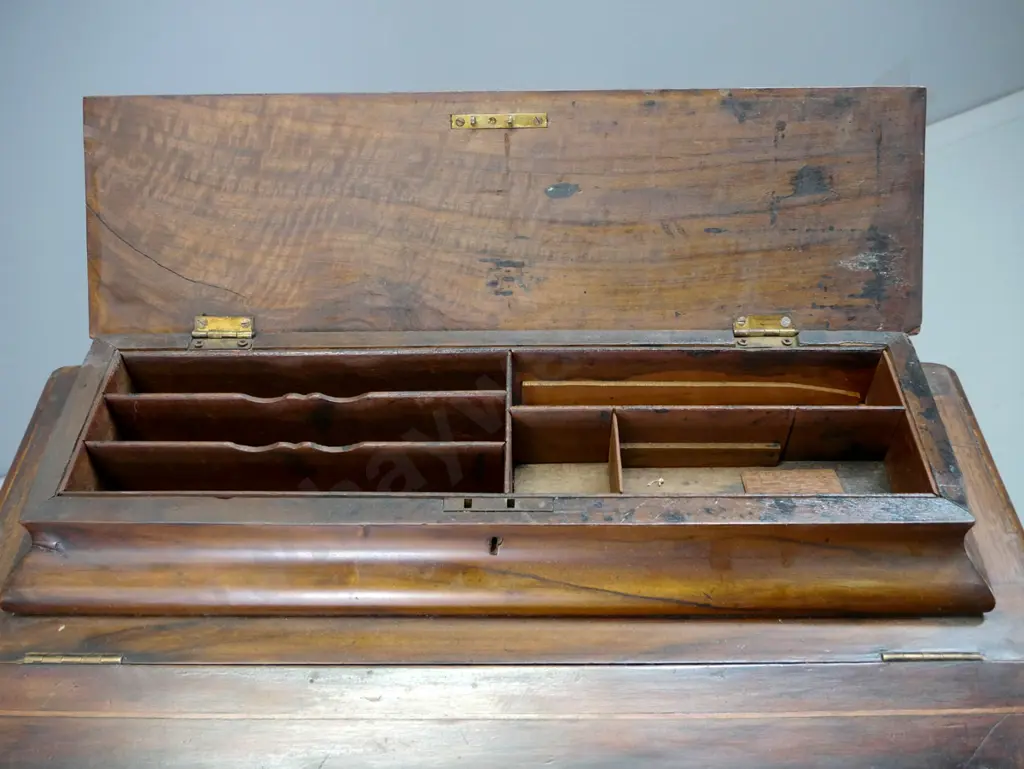 Victorian walnut Davenport desk with inlaid top & stringing to edge, lift up lidded compartment on, inlaid buckram Image 1++